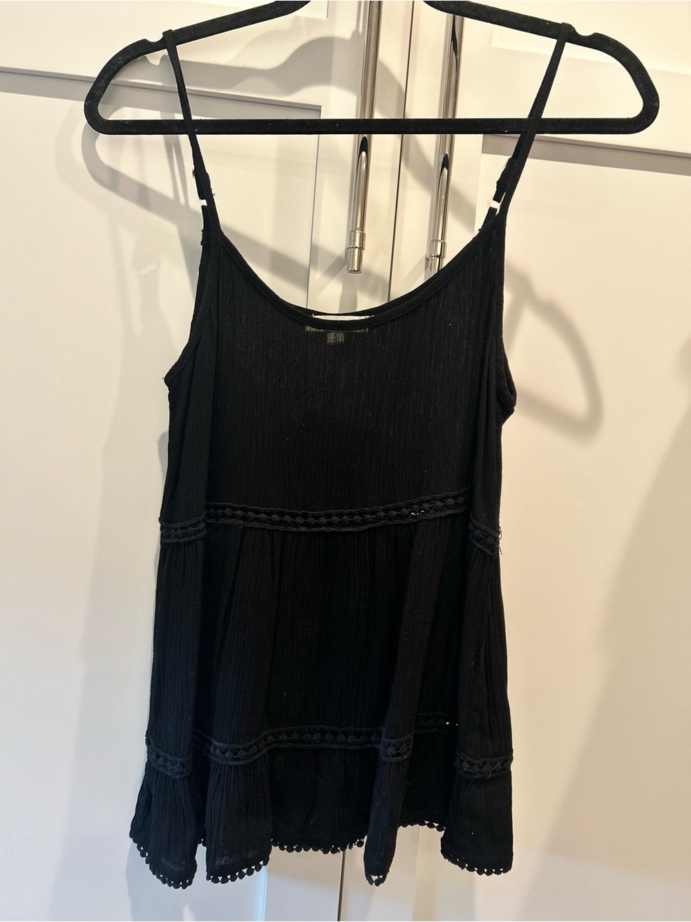 Gauzy Black Crochet Trim tiered Spaghetti Strap Tank